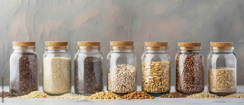 Variety of whole grains like quinoa, brown rice, and oats, displayed in jars, representing the foundation of a healthy diet Variety of whole grains like quinoa, brown rice, and oats, displayed in jars, representing the foundation of a healthy diet