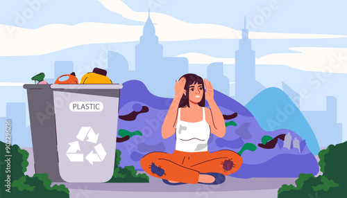 Homeless woman at street. Young girl sitting in lotus position near container. Loneliness and frustration, depression. Hungry, dirty and sad person in garbage. Flat vector illustration