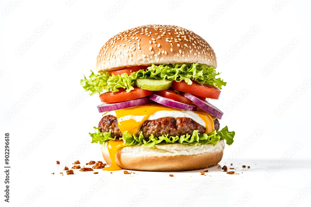 Close-up of a juicy burger with melted cheese and fresh toppings Close-up of a juicy burger with melted cheese and fresh toppings