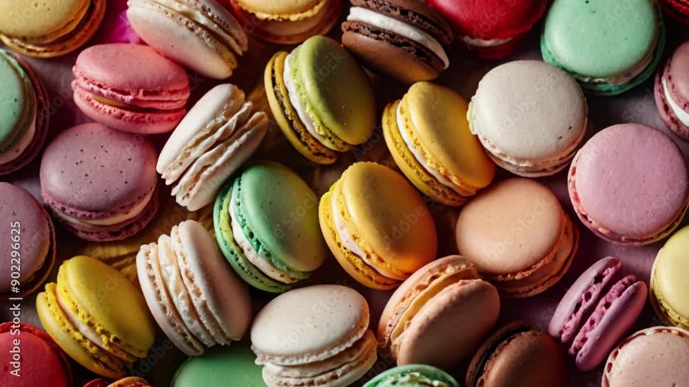 Close up of macaron background, top view. Photorealistic high resolution macro photography for advertising or food design.