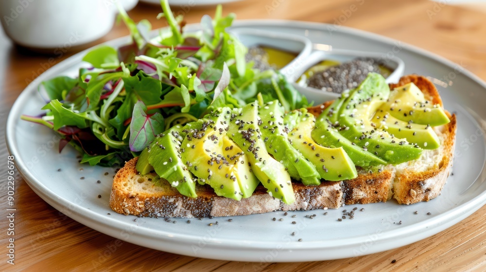 Freshly made avocado toast with a sprinkle of chia seeds and a side of mixed greens, showcasing a healthy brunch Freshly made avocado toast with a sprinkle of chia seeds and a side of mixed greens, showcasing a healthy brunch
