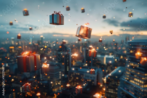 Wrapped Presents Flying Over Cityscape at Dusk