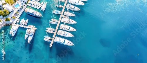 Bustling marina seen from the air, boats docked in sun-drenched waters, alive with summer activity