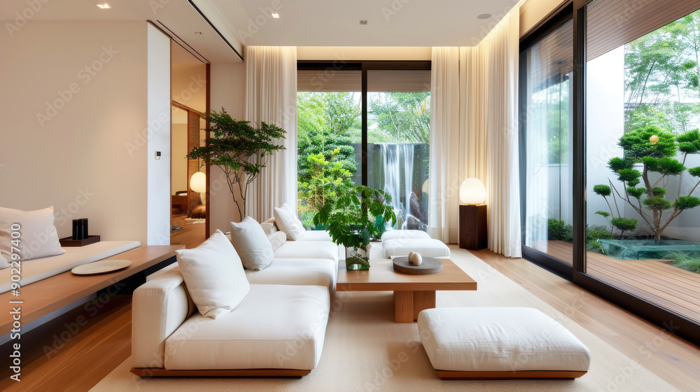 Fototapeta premium Sofa set at japandi living room, by river waterfall in window