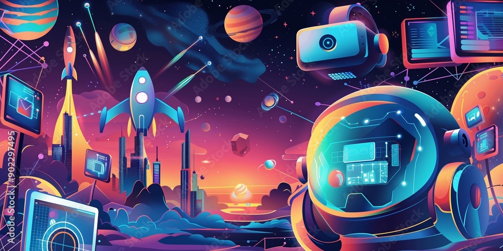 Futuristic Space Exploration with Rockets and Planets Futuristic Space Exploration with Rockets and Planets