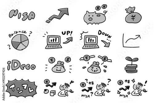 投資 お金 手描き イラスト セット_グレーカラー