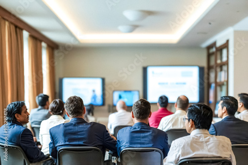 Businesspeople attending a conference in a hotel conference room