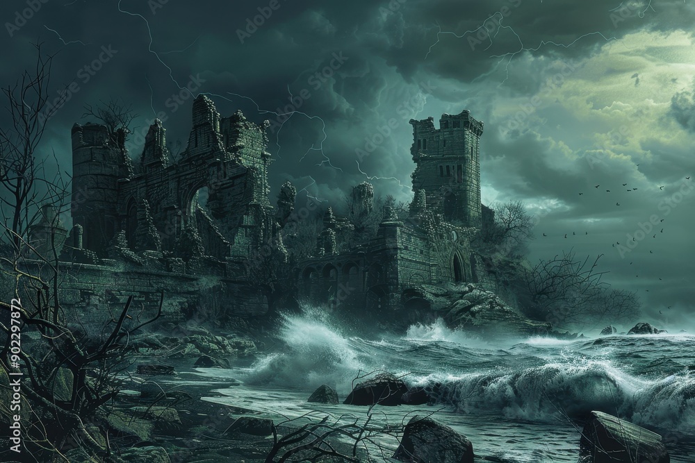 Fototapeta premium Ancient castle ruins by the stormy sea