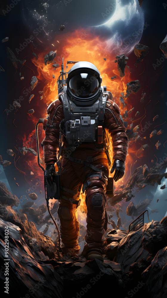 A lone astronaut walks across a fiery landscape of asteroids and debris in space. He is wearing a futuristic spacesuit with a backpack and a tool belt. A lone astronaut walks across a fiery landscape of asteroids and debris in space. He is wearing a futuristic spacesuit with a backpack and a tool belt.