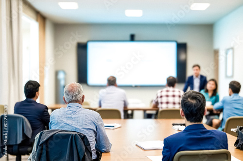 Business meeting with a blank screen in the background