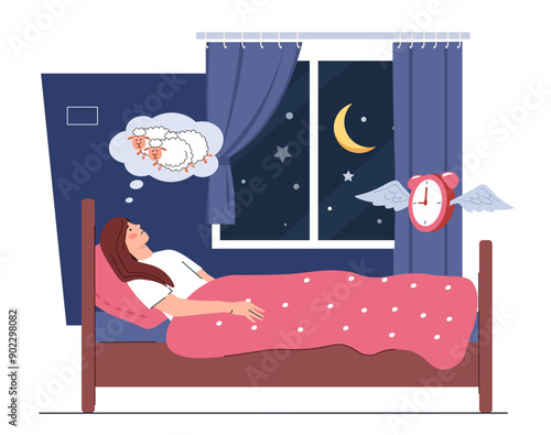 Woman with insomnia. Young girl lies in bed and counts sheep. Mental and psychological problems. Person with incorrect daily routine. Sadness and depression. Flat vector illustration