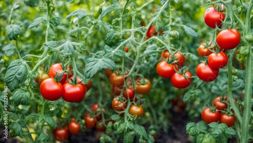 Red tomato plants thriving in a backyard garden