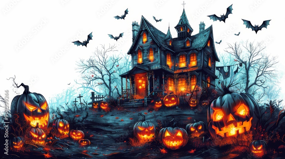 Cartoon Vector Spooky haunted house with glowing jack lanterns and flying bats. Isolated white background Cartoon Vector Spooky haunted house with glowing jack lanterns and flying bats. Isolated white background