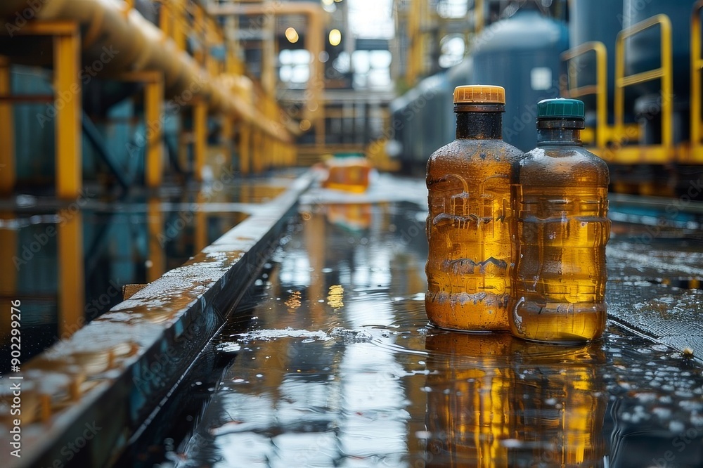 Containers of Liquid Sitting on a Wet Surface in an Industrial Facility During Daylight Hours Containers of Liquid Sitting on a Wet Surface in an Industrial Facility During Daylight Hours