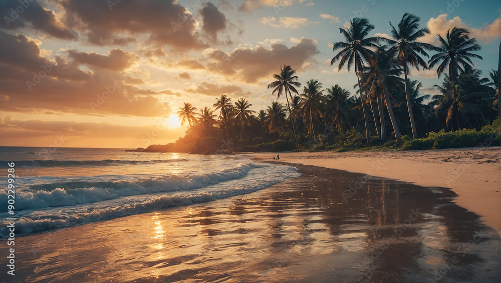 Fototapeta premium A tranquil beach scene at sunset, with palm trees silhouetted against a colorful sky and calm ocean