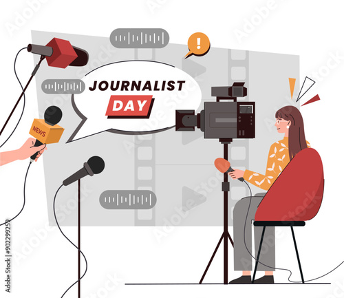 Journalists Day poster. Woman with camera and people with microphones. Reporters and TV presenters prepare studio for interviews. Mass media and journalism. Flat vector illustration