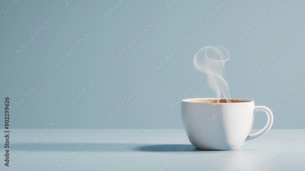 A steaming cup of coffee on a minimalistic table with a soft blue background, perfect for cozy mornings or relaxing moments. A steaming cup of coffee on a minimalistic table with a soft blue background, perfect for cozy mornings or relaxing moments.