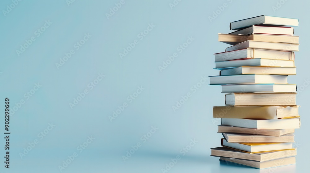 A tall stack of books against a light blue background, symbolizing knowledge and learning in a minimalistic setting. A tall stack of books against a light blue background, symbolizing knowledge and learning in a minimalistic setting.