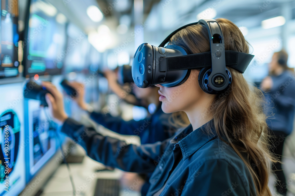 Professional training with VR headset, exploring virtual environments for enhanced learning. Professional training with VR headset, exploring virtual environments for enhanced learning.