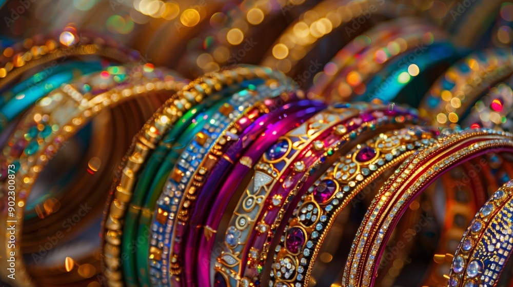 Fototapeta premium A mesmerizing pattern of colorful bangles, their intricate designs and bright colors creating a captivating visual.