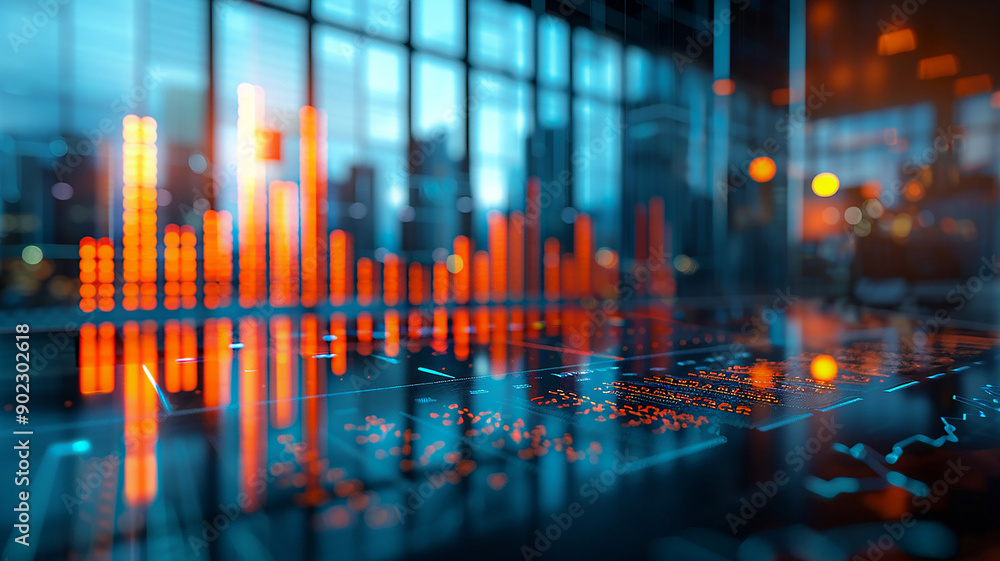 Business conference room with professionals analyzing benchmarking data, high-resolution stock graph blurred background Business conference room with professionals analyzing benchmarking data, high-resolution stock graph blurred background
