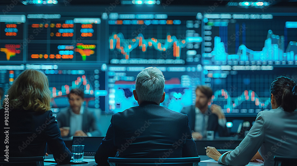 Business executives in a meeting room reviewing data against a high-resolution blurred stock graph background Business executives in a meeting room reviewing data against a high-resolution blurred stock graph background
