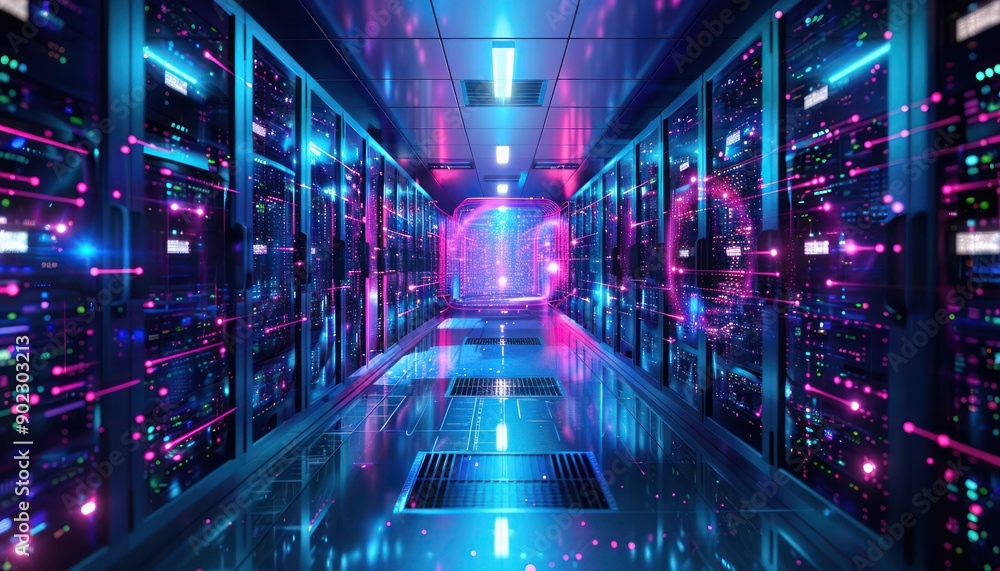 Data center corridor with supercomputers and servers, enhanced by ...