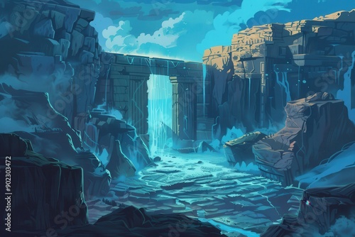 Ancient Temple Ruins in a Deep Crevasse with a Glowing Portal photo