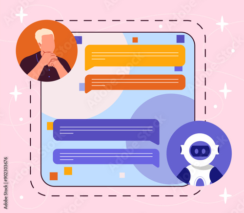 Man with machine translation. Guy uses Internet bot to translate texts. AI mobile application. Artificial intelligence and machine learning. Flat vector illustration isolated on violet background