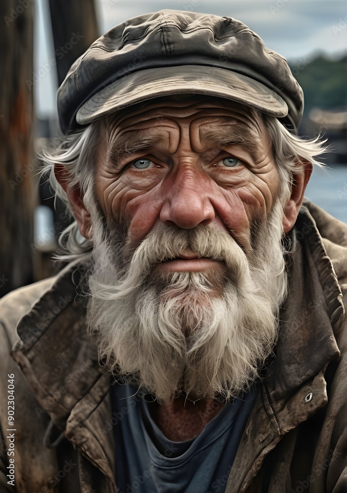 Obraz premium Portrait of a seasoned fisherman, with weathered skin, deep wrinkles, and a piercing gaze. He sports a white beard and a fishermans hat. The background is a softly blurred dock, portrait of old person