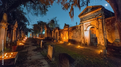 Haunted cemetery tour in New Orleans with eerie decorations and historical stories