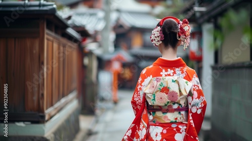 Japanese woman in kimono holding umbrella,smiling,traditional Japanese style,copy space.