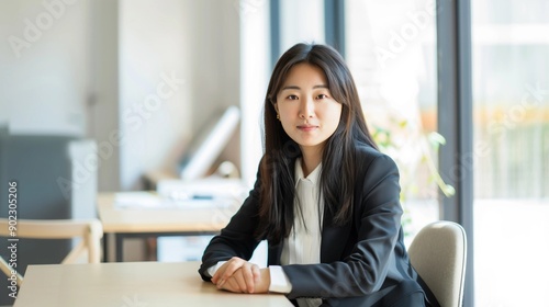 Free Download Confident businesswoman sits at desk working in office,staring into camera,business concept. - GFXLoad