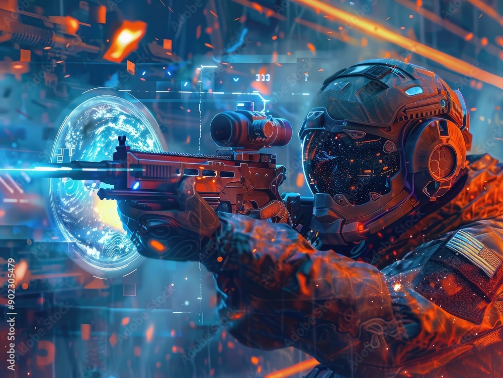 A futuristic soldier aiming through a holographic scope, urban battlefield in chaos, Military Sci-Fi, Digital Illustration, High Tech A futuristic soldier aiming through a holographic scope, urban battlefield in chaos, Military Sci-Fi, Digital Illustration, High Tech
