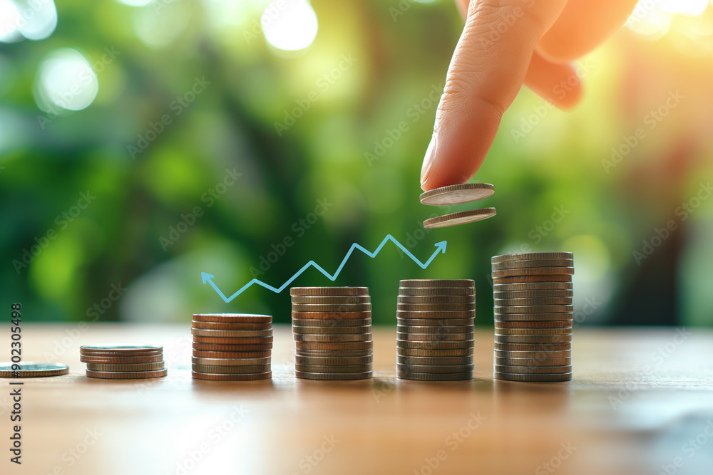 A hand is placing coins in the shape of an upward trending graph, with ...