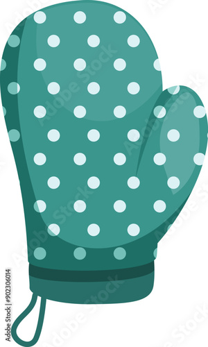 Green oven mitt with white polka dots, kitchen utensil for hot dishes