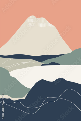 Landscape, nature poster with rock, mountain and sea. Asian minimalist abstra...