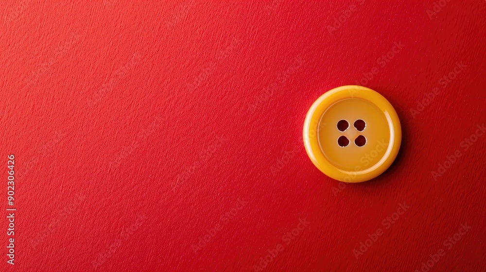 Sewing button in yellow on red background with copy space