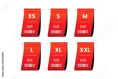 PrintClothing size vector icons set. Clothes labels s, xs, m, l, xl, xxl.
