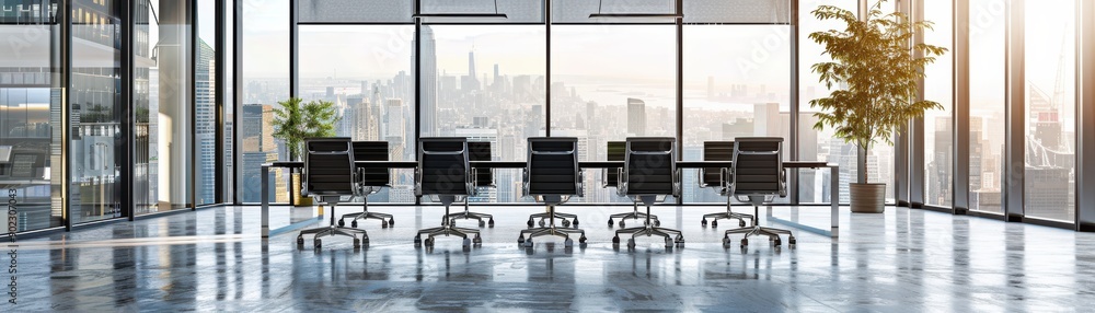 Modern conference room with large windows, stylish chairs, and city view, ideal for meetings and presentations. Modern conference room with large windows, stylish chairs, and city view, ideal for meetings and presentations.