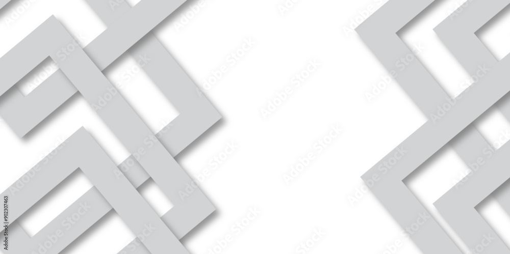 White abstract geometric background with white paper sheets soars as abstract spaces with rectangles, parallel stripes, perspective, shadows in simple strict modern material in triangle and square.