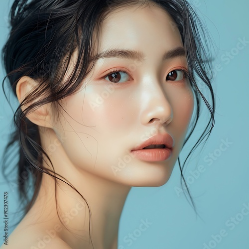 Asian woman beauty concept. skin care. body care. Hair removal salon, Young woman and light blue background
