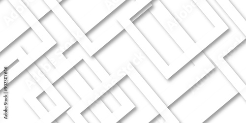 White abstract geometric background with white paper sheets soars as abstract spaces with rectangles, parallel stripes, perspective, shadows in simple strict modern material in triangle and square.