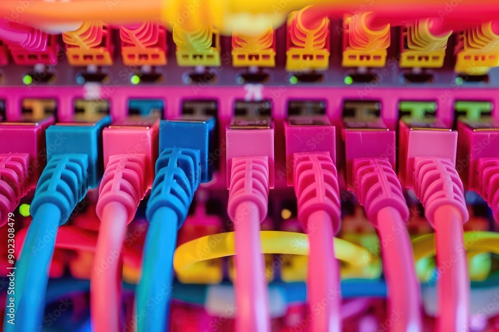 Fototapeta premium Detailed view of colorful ethernet cables plugged into a network switch, representing modern data center infrastructure.