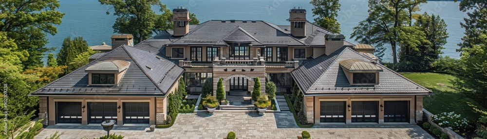 Stunning luxury mansion overlooking serene waters, featuring elegant architecture and beautiful landscaping for a peaceful retreat. Stunning luxury mansion overlooking serene waters, featuring elegant architecture and beautiful landscaping for a peaceful retreat.