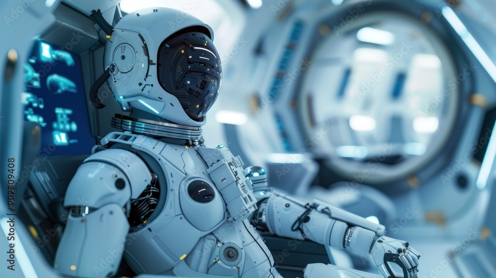 Fototapeta premium Humanoid robot inside the spacecraft cabin
