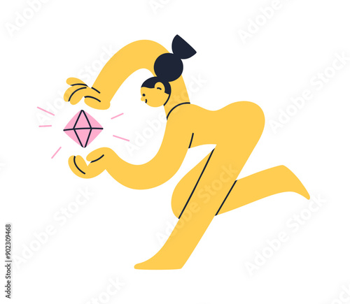 Funny girl with diamond. Creative idea, inspiration, talent and creativity concept. Whimsical modern character with gem stone, crystal, treasure. Flat vector illustration isolated on white background