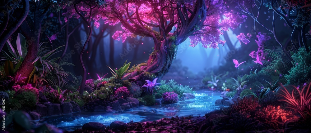 A forest with a tree that is purple and pink A forest with a tree that is purple and pink
