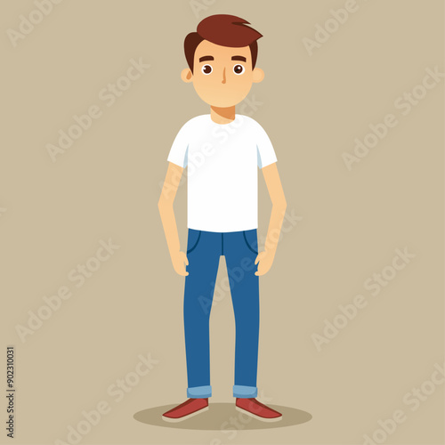 Full Body Image of a White Man in a Casual Outfit, Including a Plain T-Shirt and Jeans, Set Against a Neutral Backdrop for Fashion Mockups and Design Templates