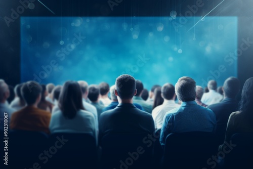 A photo of an audience at an event watching and listening to presenters on stage against a blue background. A web banner with empty space on the right side - stock photo.  © MING